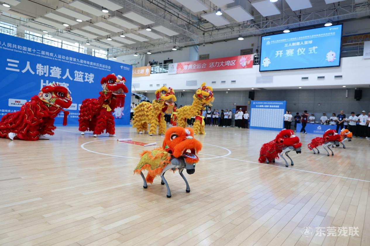 特殊学生组成的醒狮队与机器人醒狮队同台献艺